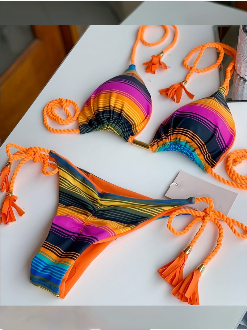 Printed Fabric Rope Bikini Triangle Swimsuit Swimwear - Image 1